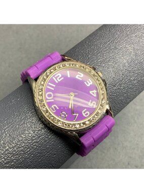 Accutime Silicone Quartz Watch 10 In Purple Silver Rhinestone Sparkle Retro Glam